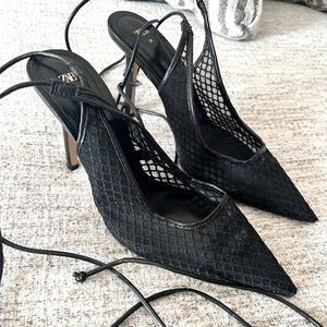 NWOT ZARA black mesh pointed toe heel with ankle straps EU39